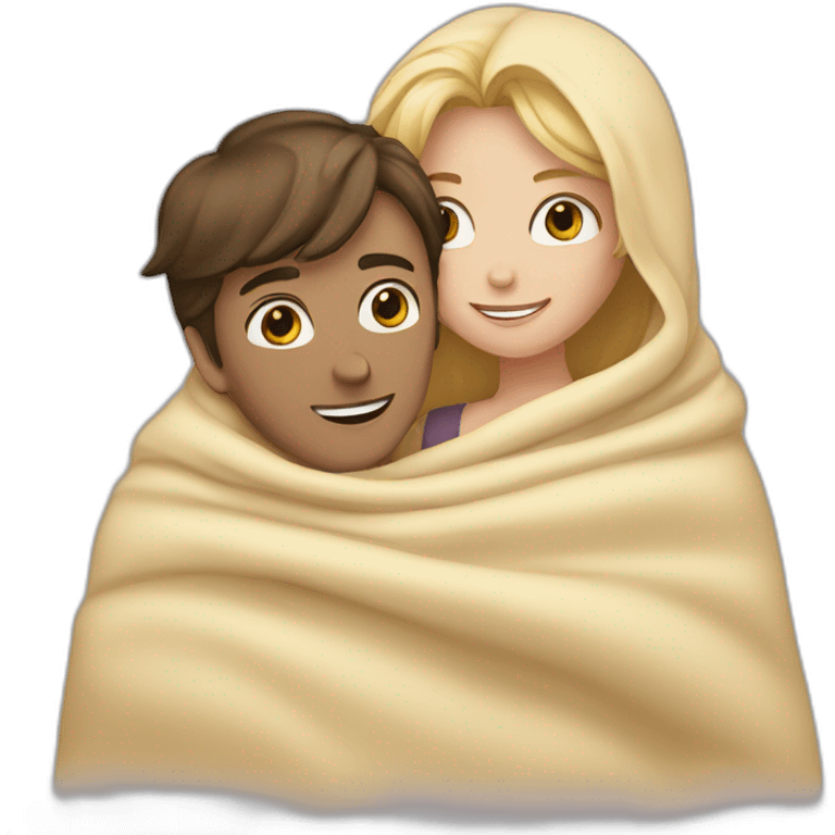 Brunette girl and blond boy hugging in a blanket  emoji