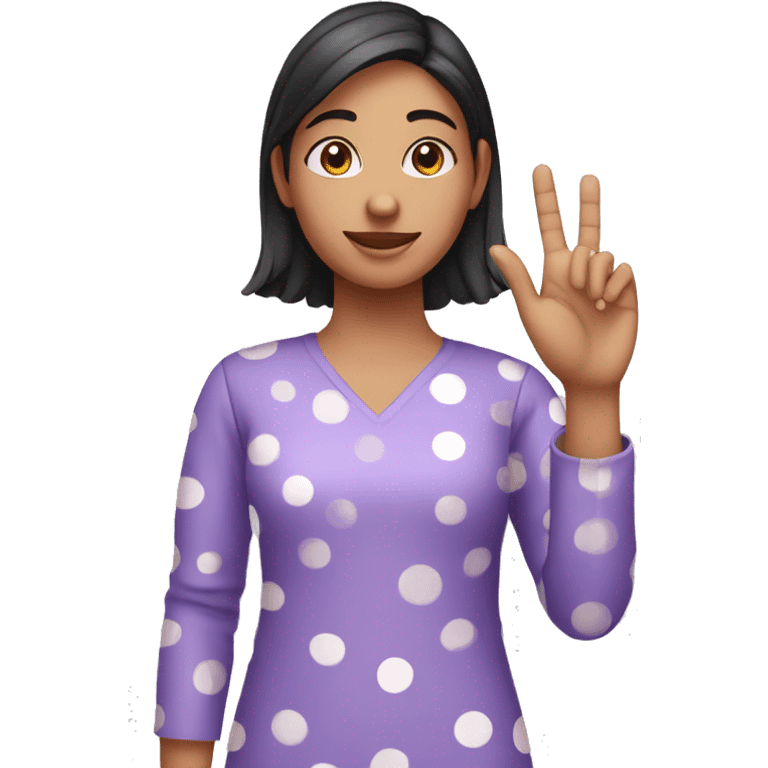 A girl with lavender kurti white spots showing three fingers in one hand emoji