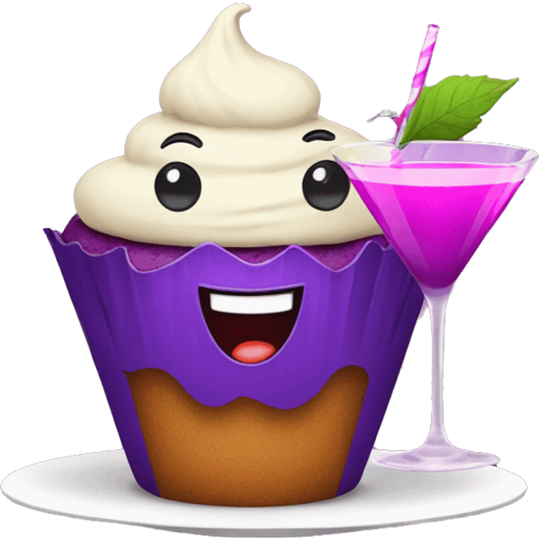 Happy faced purple muffin partying with Cocktail emoji