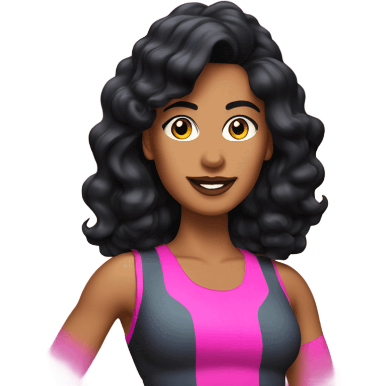 Tanned woman with black hair dressed in 1980s fitness hair, makeup, and neon attire  emoji