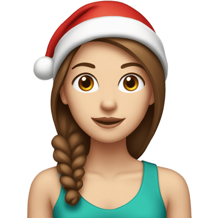 White girl with brown hair wearing a santa hat emoji