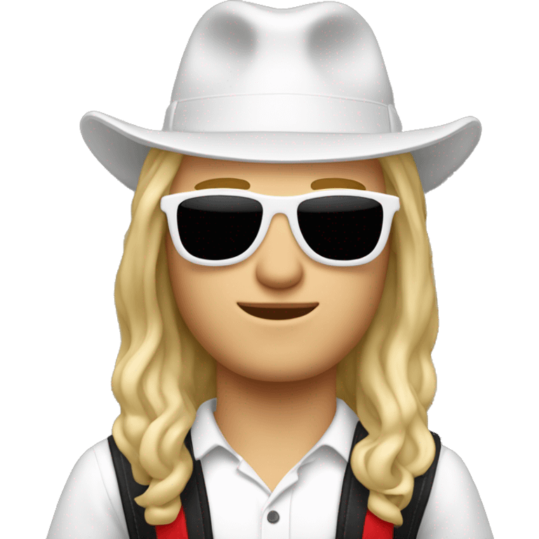 White man with long blonde hair wearing a white hat and black sunglasses on his face. He’s wearing a white shirt with black suspenders and red pants emoji