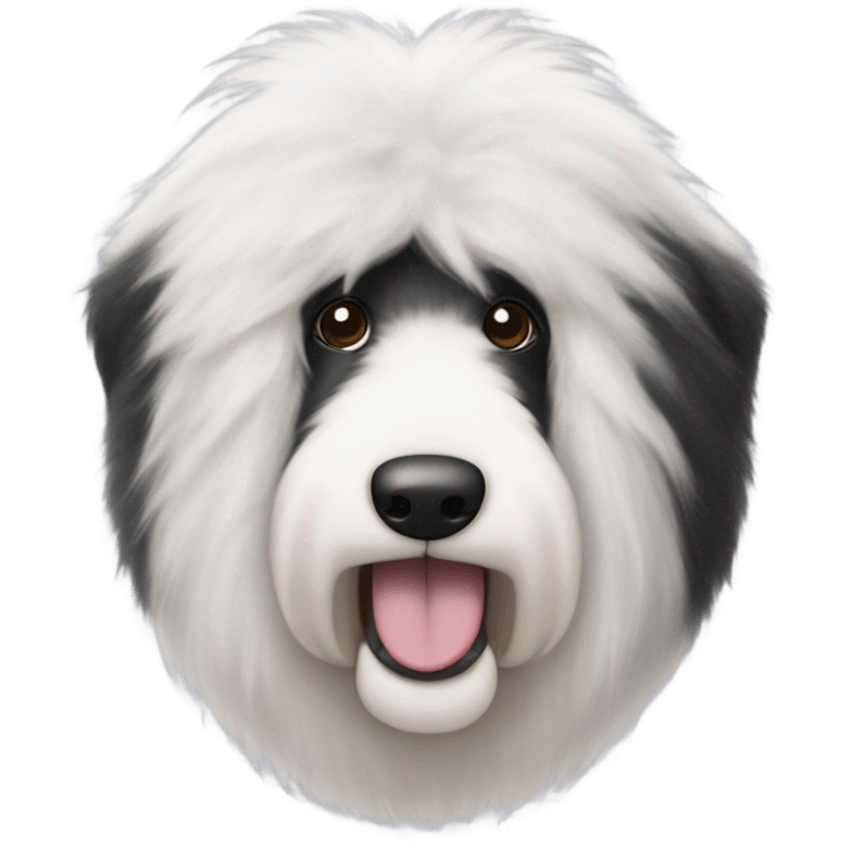 Old English sheepdog face with the right half of his face white and the left half of his face black. White around the mouth and nose. Very fluffy and both ears are black emoji