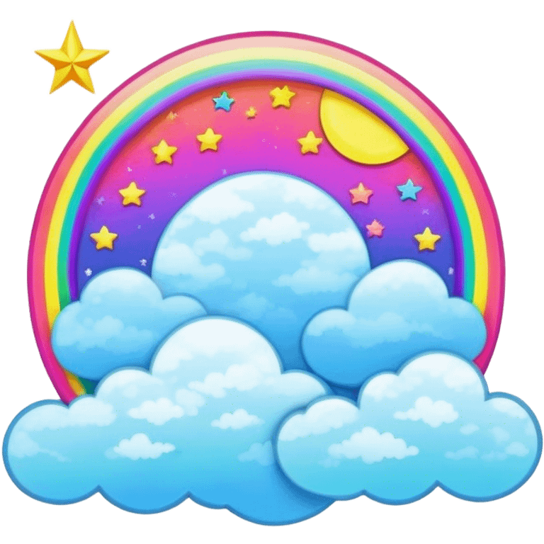 Beveled button with Neon rainbow colored damask style full moon with stars and clouds in the center emoji