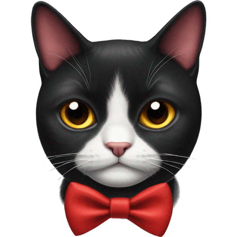 Grumpy black cat with white triangle marking under chin, wearing a red bow tie  emoji