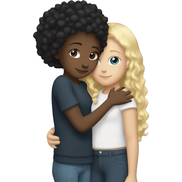 Black girl with straight black hair hugging a white girl with curly blonde hair emoji