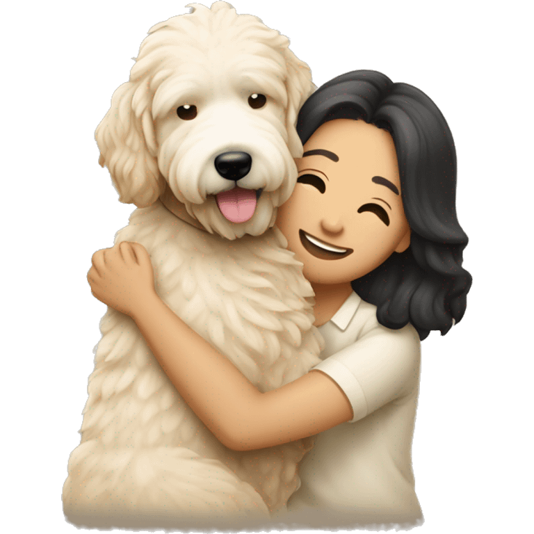 asian couple hugging with a cream goldendoodle emoji