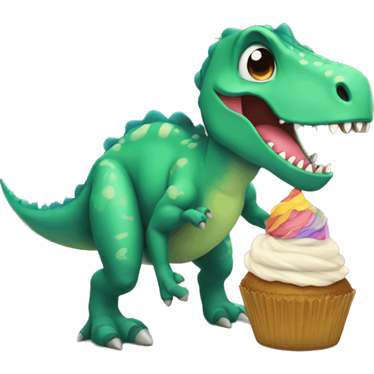 Dinosaur holding a cupcake under a rainbow emoji