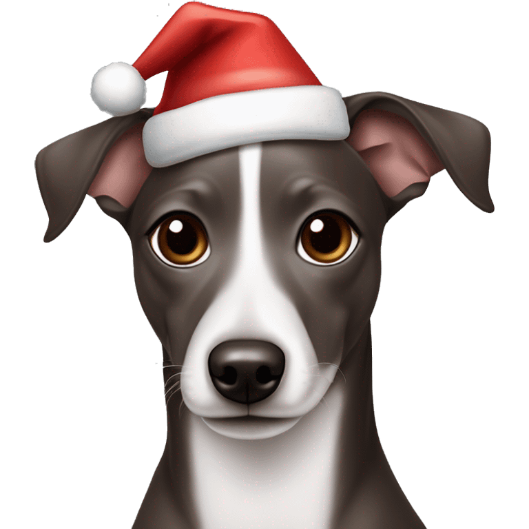 All Dark Grey brown Formosa mountain dog and Italian greyhound mix no white on the face, dark brown eyes, ears up with Santa hat emoji