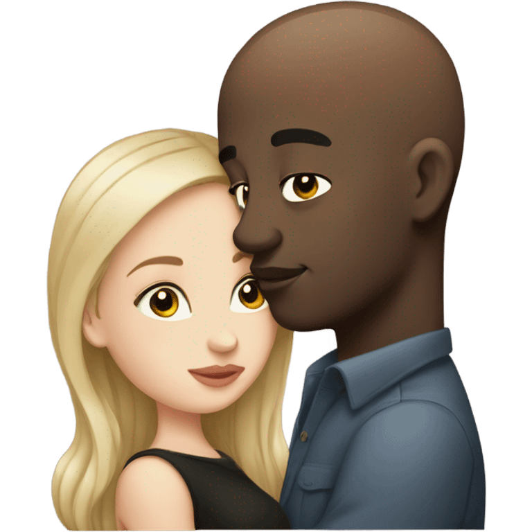 White girl dark hair kissing bald black man emoji