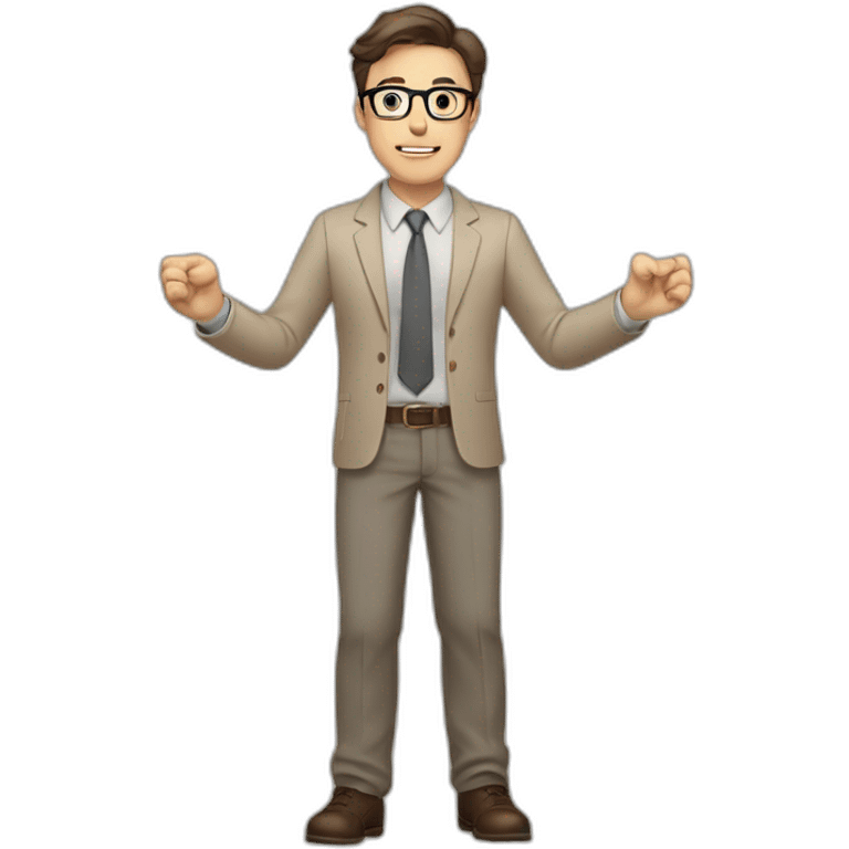 To belt Actively gesturing with hands Pale skinned fit man teacher with dark brown hair in gray jacket, beige office shirt, brown tie, brown pants and vintage glasses. emoji