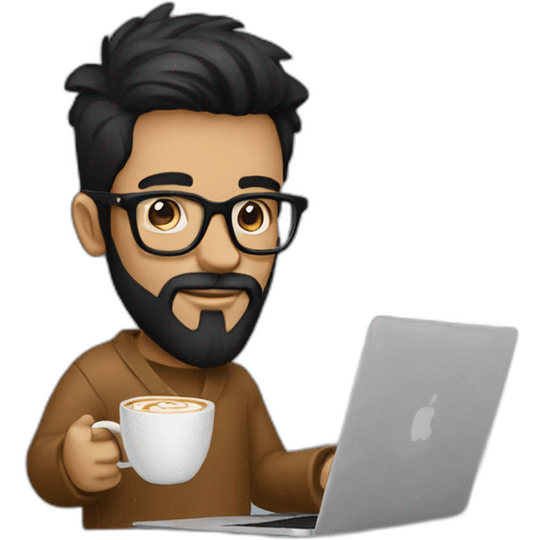 Designer with black hair, beard and glasses working with MacBook and drinking cappuccino  emoji