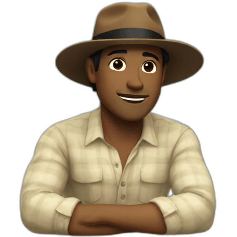 White Man with black hair, strip blue flowered shirt, brown hat, setting on a bench, next to a lake emoji