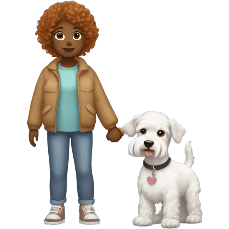 ginger curly haired girl with really small white schnauzer mix dog holding hands  emoji