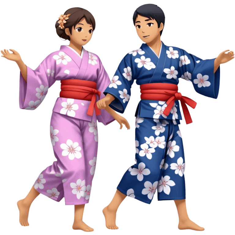 Cinematic Realistic scene of two performers engaging in Bon Odori, dressed in traditional yukata with intricate summer patterns, captured in graceful, rhythmic motion with warm, festive lighting emoji