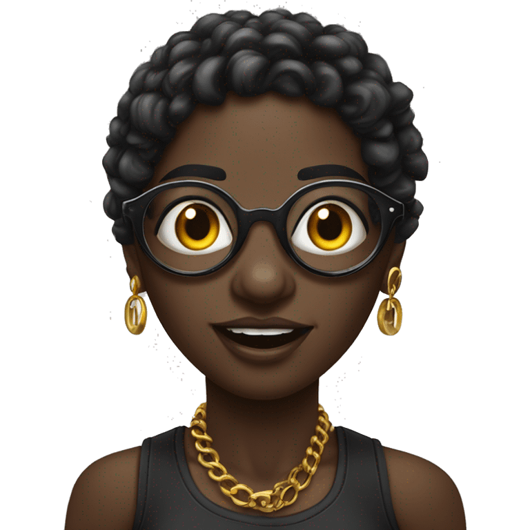 Negra, bonita, gordinha, com piercing no nariz direito, bochechuda, com oculos, 9 piercing na orelha emoji