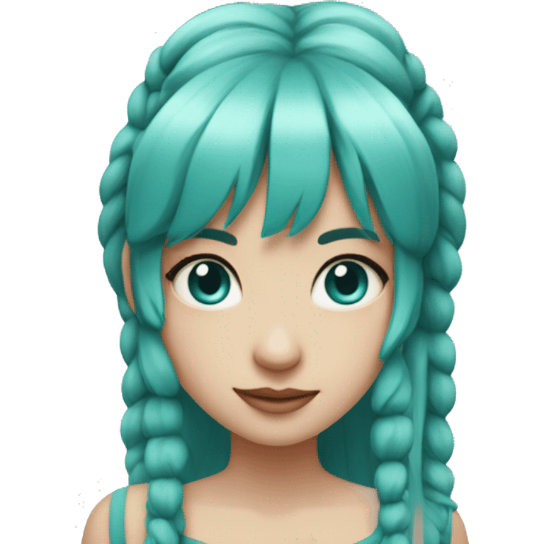 A female with pale skin and very long hair with 2 pigtails and turquoise hair and very straight bangs straight hair crimson eyes emoji