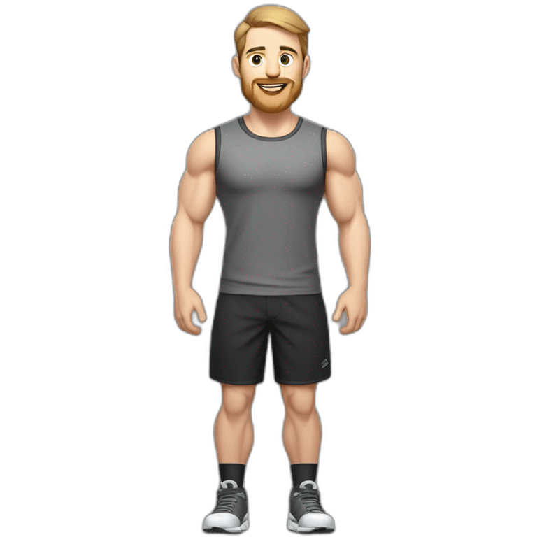 Full height Pale skinned fit man With biceps, Realistic eyes and mouth, light brown hair and stubble In dark gray sleeveless mike, black oversize sports shorts, watch and white sneakers. emoji