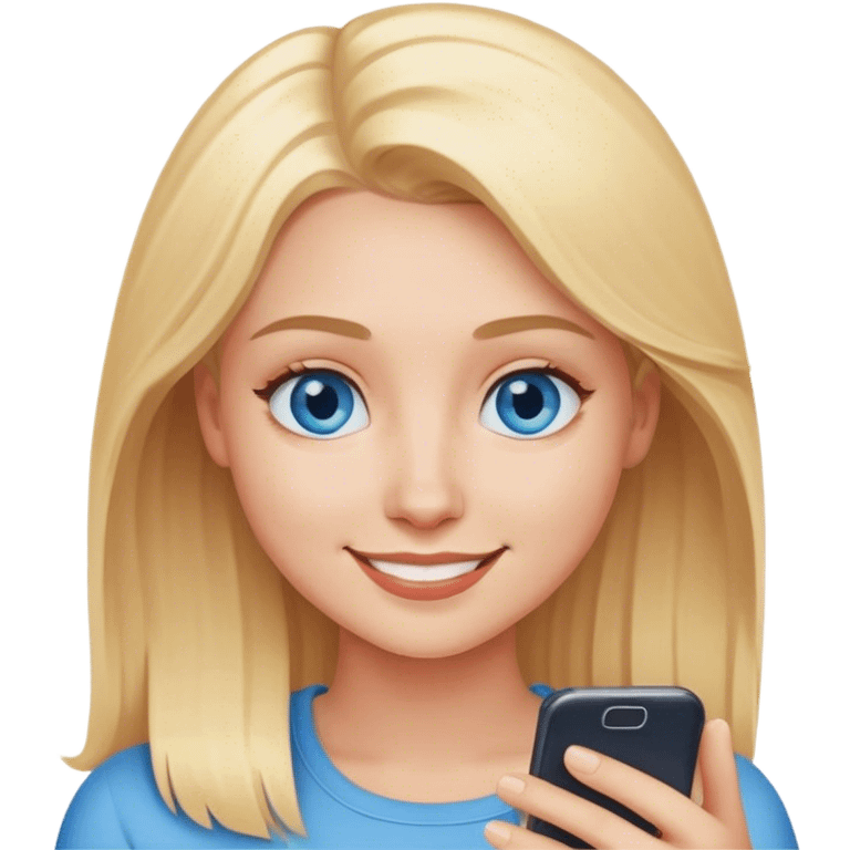 A blonde with blue eyes and a friendly smile looks at her phone emoji