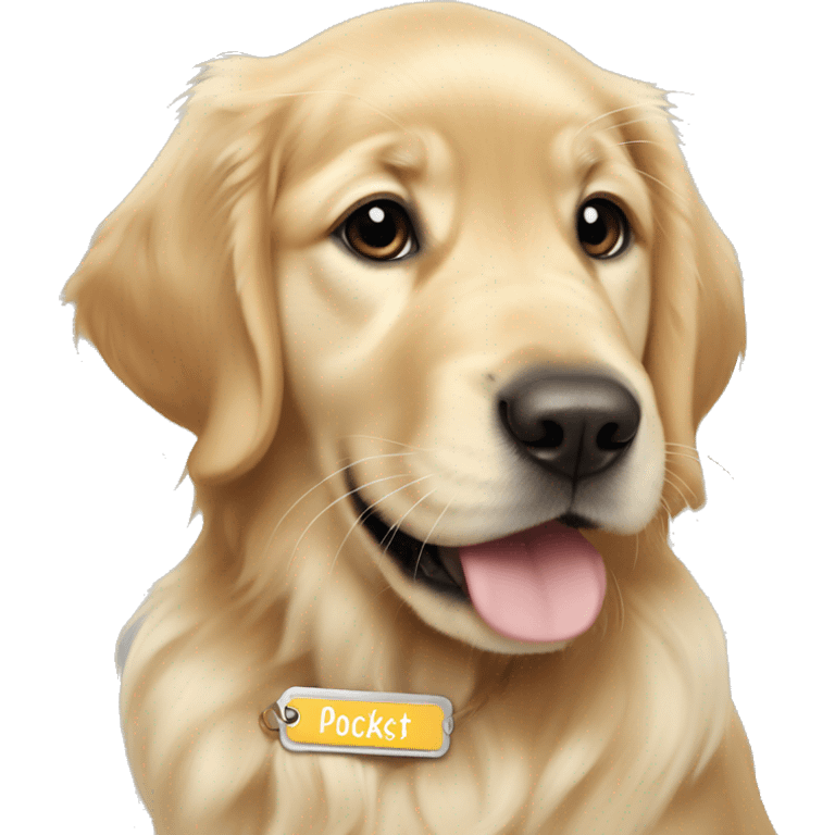 golden retriver puppy with name tag that says pockets emoji