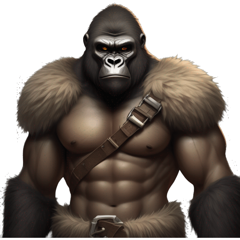 Gorilla-like warrior, tan muscular body, fresh chest wound. Leather and fur armor, stern expression, shadowy wild setting. Muted colors, intense and primal atmosphere. emoji