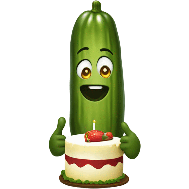 A pickle carrying a cake that says "omg" on it emoji