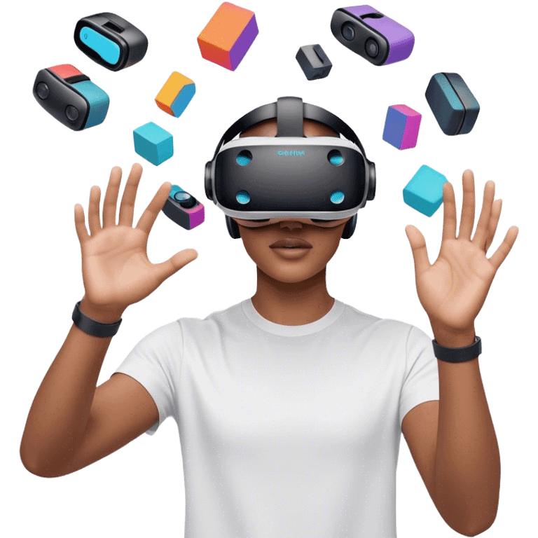 Create an emoji for the creation of VR/AR technology. Show a designer's hands holding a VR headset or AR glasses, with floating 3D models or virtual objects being manipulated in the air. Use modern, tech-inspired colors. Do not include any emojis or smiley faces. Make the background transparent. emoji