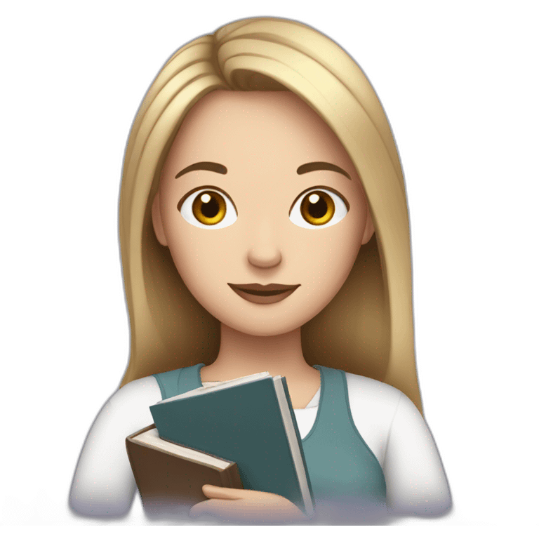 White woman with dark brown hair holding a book emoji