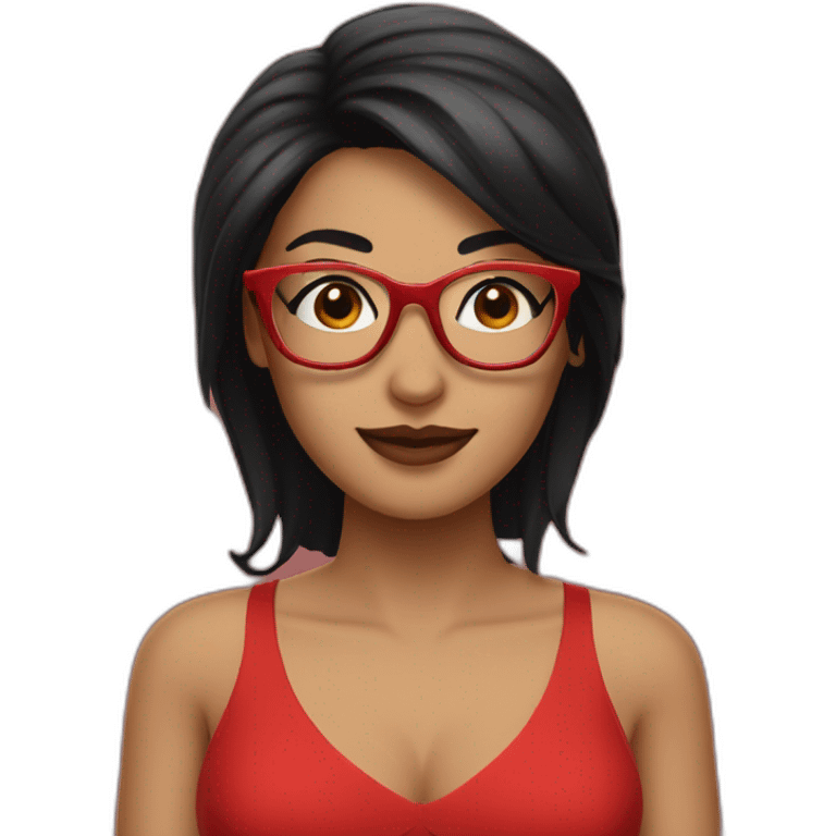 woman in a red dress and Black hair and glasses emoji