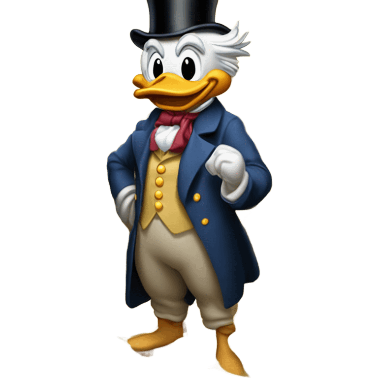 a slim successful looking scrooge mcduck standing atop a pile of money emoji