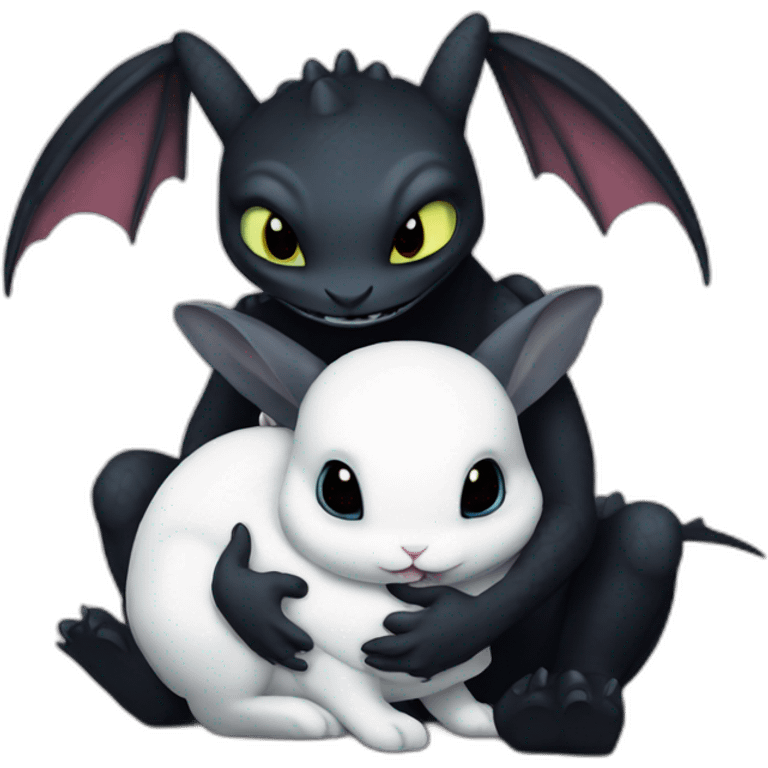 Toothless the dragon hugging a white bunny emoji