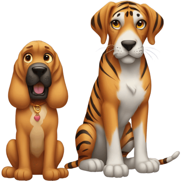 A Tiger and a bloodhound puppy. emoji