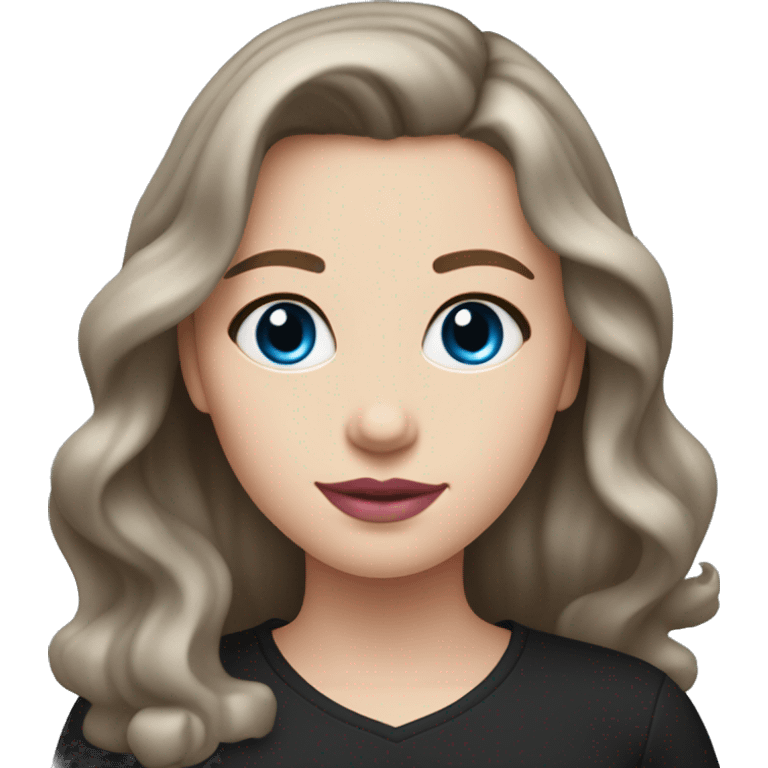 Brunette white girl with blue-grey eyes, pink lips and medium-long length wavy hair in a black shirt emoji