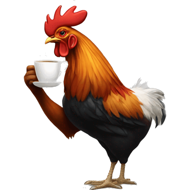 a rooster holding a small coffee cup with its wing emoji