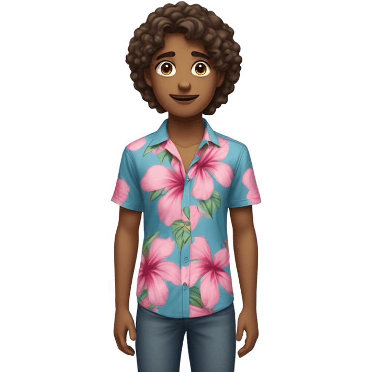 a teenager with wavy hair long eyelashes and a blue and pink hibiscus flower shirt brown eyes standing straight looking at the camera not smiling  emoji