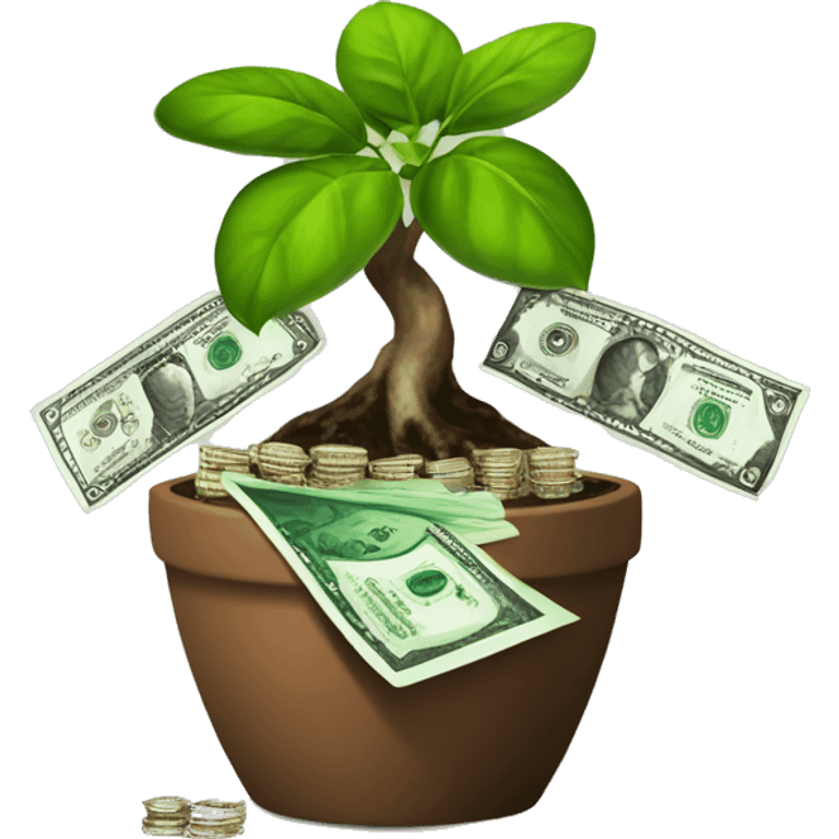 a plant in a brown pot of diamonds growing a mini bonsai tree with dollar bills as the foliage the plant is growing money the leaves of the plant are money emoji