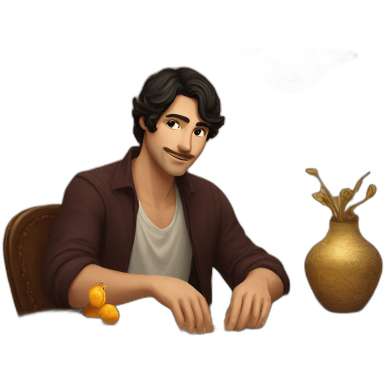 a guy with short dark hair sits at a table, there are Tarot cards on the table emoji