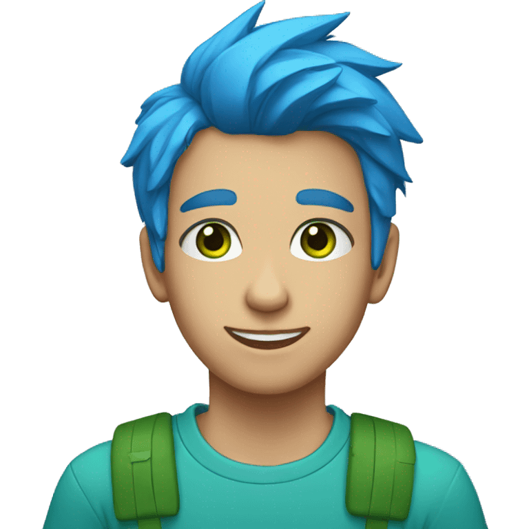 A teenager of a bright blue hair and green eyes with a blue t-shirt emoji