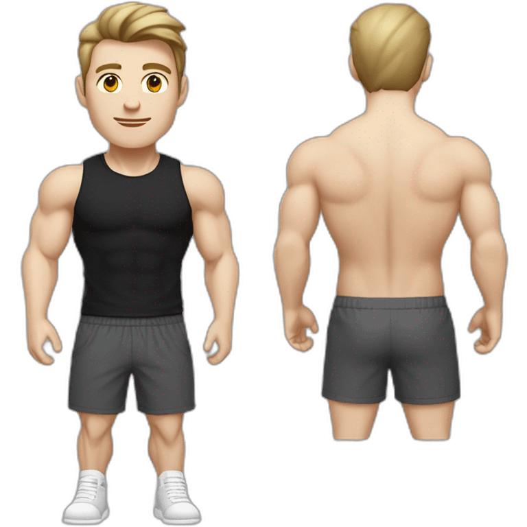 Pale skinned Fit Man With the biceps and dark brown hair in black shirt, gray sports shorts and white Sneakers emoji