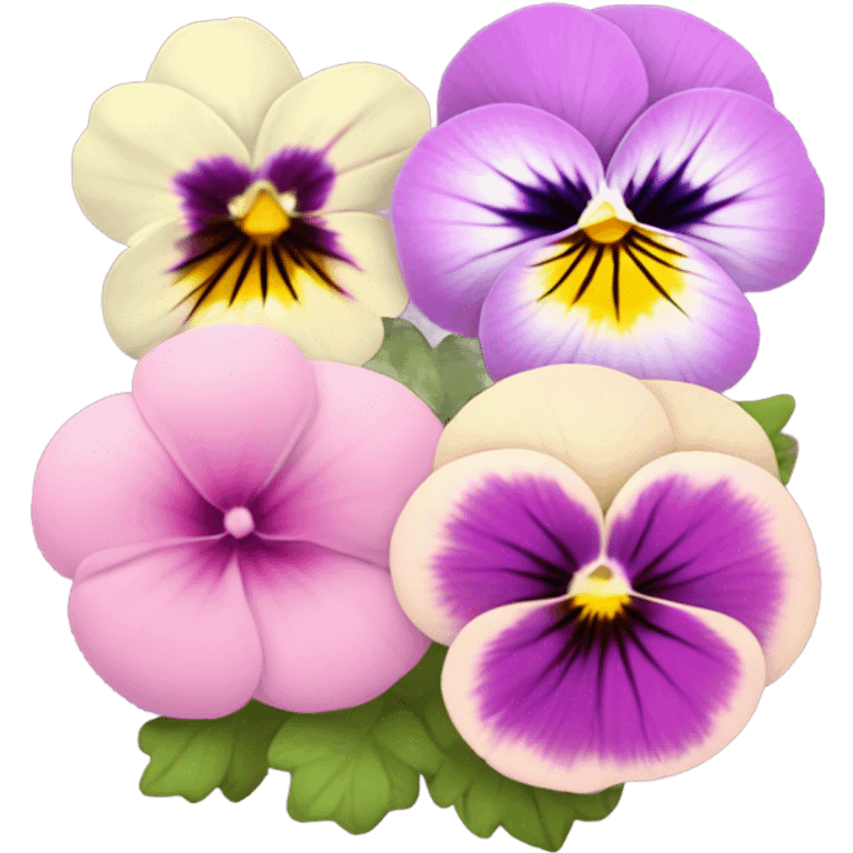 composition of aesthetically pleasing pink pansies, pastel daisies set against the background of a dark purple vintage-style perfume bottle  emoji