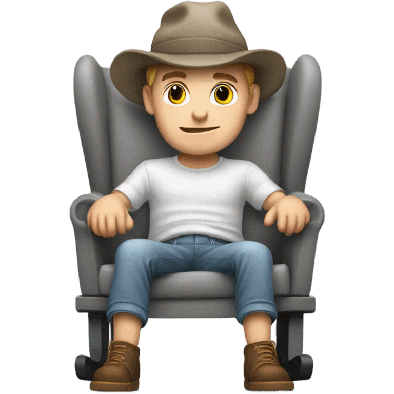 Young white man in hat rocking white baby in puffy grey rocker  emoji