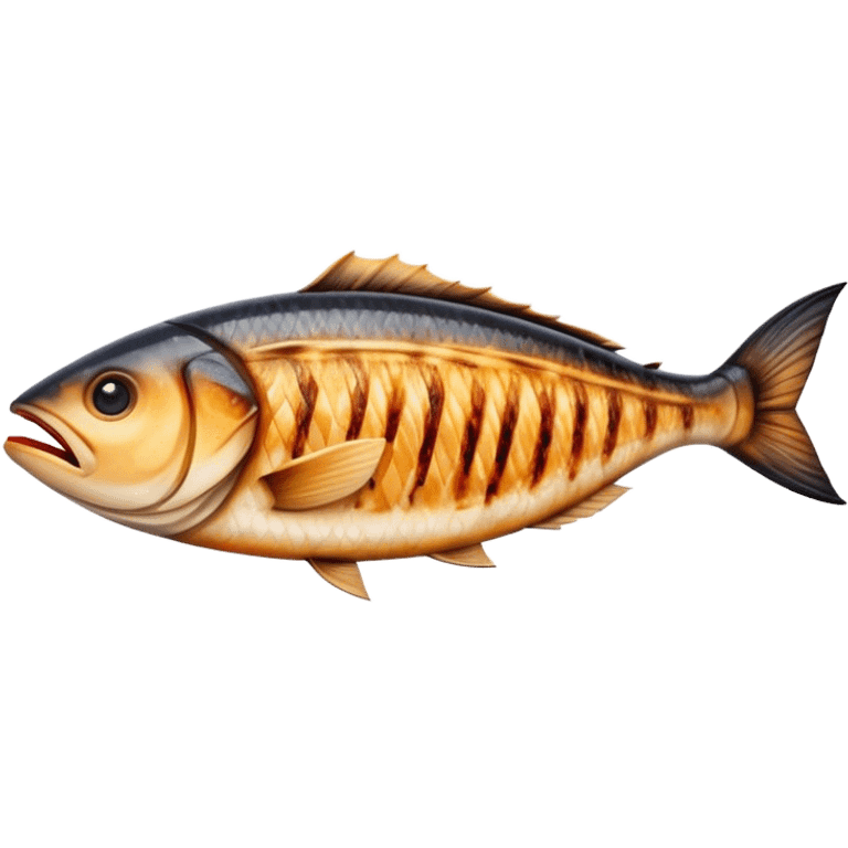 Cinematic Realistic Gradele (Grilled Fish) Dish Emoji, depicted as perfectly grilled fish with a smoky, charred finish rendered with lifelike detail and appetizing, natural lighting. emoji