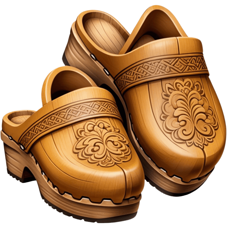 Cinematic Realistic Wooden Clogs Emoji, depicted as a pair of traditionally carved weathered wooden clogs with intricate details and rustic charm, rendered with rich textures and warm natural lighting that captures their cultural heritage. emoji