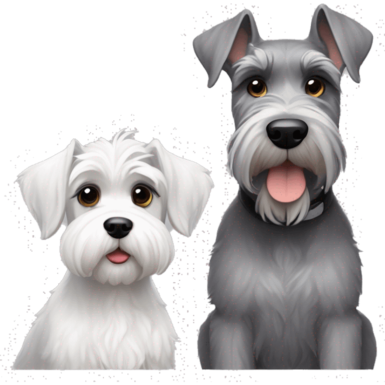 A young big gray schnauzer with dark eyes next to a small all white puppy schnauzer emoji