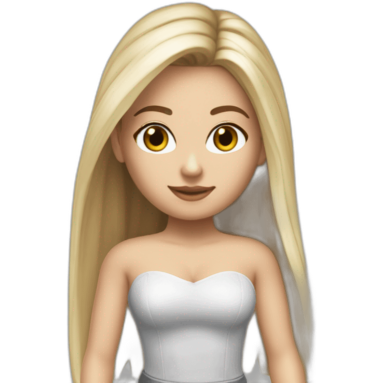 hyperrealist caucasian long straight hair blonde brown eyes strapless white low cut top gray tight mini skirt black shoes complete body emoji