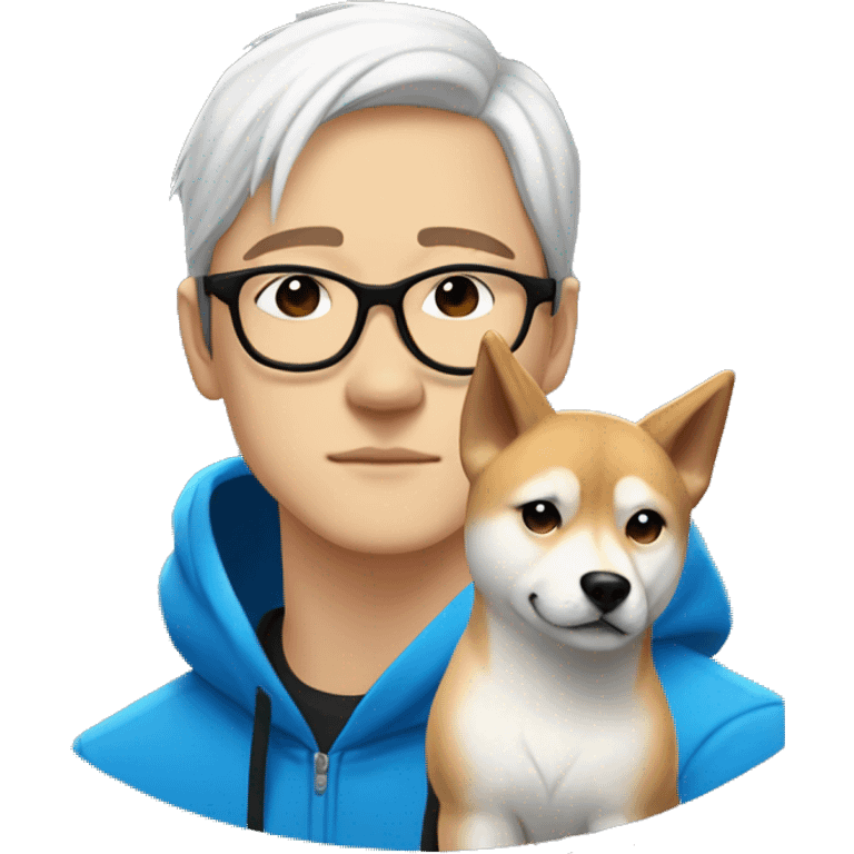 A young guy with long white hair pulled back into a ponytail and white skin and black-framed glasses and nose piercing wearing blue hoodie and a Shiba Inu dog next to him emoji