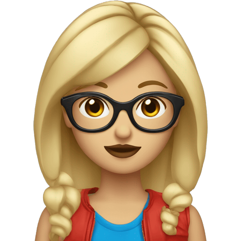 Chica rubia con pelo corto ojos azules y gafas de color negro y rojoazules  emoji