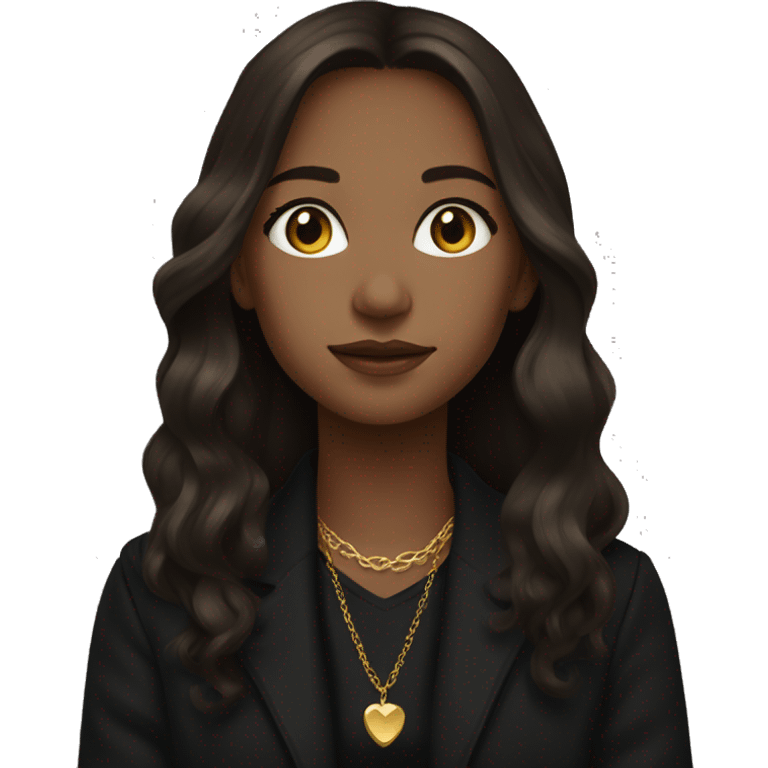 Brown long hair and gold eyes girl in black sweater and black coat, wearing gold earring and gold necklace  emoji