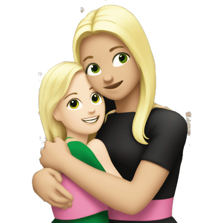 white girl with blonde hair and pink dress hugging girl with green skin in black dress emoji