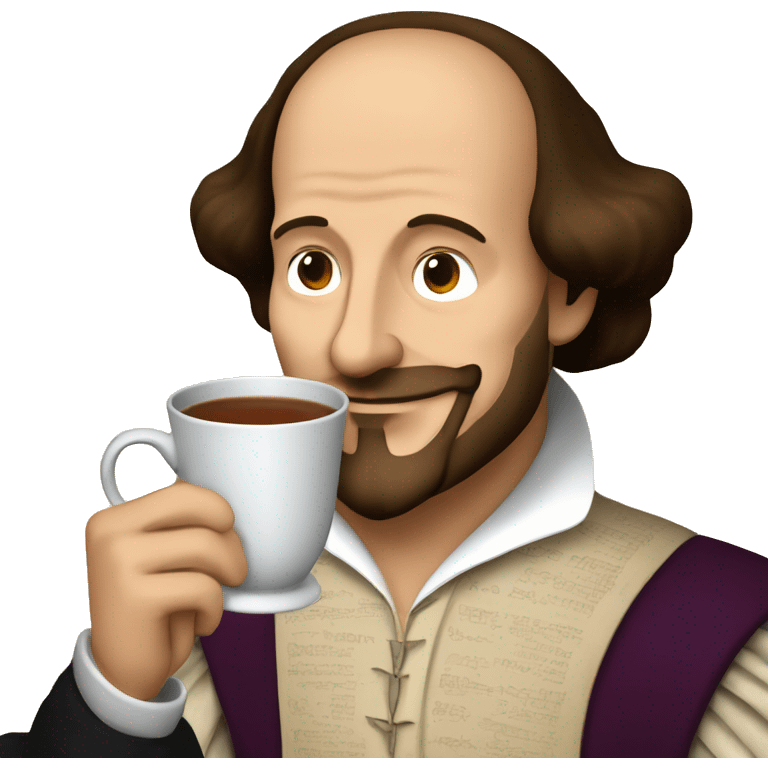 William Shakespeare holds a cup of tea in his hand emoji